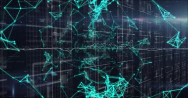 Siyah arkaplan üzerindeki bağlantı ağının animasyonu. Dijital olarak oluşturulmuş küresel bağlantılar, veri işleme ve dijital arayüz kavramı.