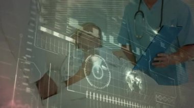 Animation of scientific data processing over caucasian male doctor with patient. global medicine, science, research, data processing concept digitally generated video.