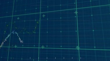 Digital animation of financial data processing over grid network on blue background. global finance and technology concept
