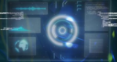 Dijital ekran üzerinde kablolarla hareket eden veri işleme animasyonları. bilgisayarlar, ağ, veri işleme, iletişim ve teknoloji konsepti dijital olarak oluşturulmuş video.