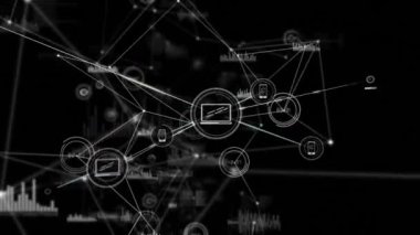 Siyah arkaplandaki simgelerle bağlantı ağının animasyonu. küresel bağlantılar, ağ ve teknoloji konsepti dijital olarak oluşturulmuş video.