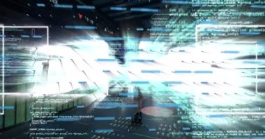 Dijital uzayda veri işleme ve grafiklerin animasyonu. Veri işleme, ekonomi ve teknoloji kavramı dijital olarak oluşturulmuş video.