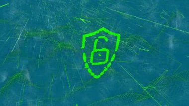 Animation of padlock icon over shapes on blue background. global technology, computing and digital interface concept digitally generated video.