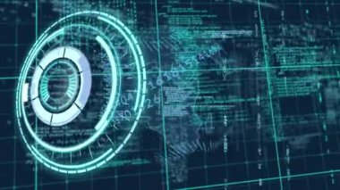 Animation of scope scanning over data processing on blue background. global business, finances, connections and digital interface concept digitally generated video.