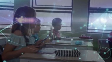 Animation of network of connections over diverse schoolchildren learning in classroom. global education, connections and digital interface concept digitally generated video.