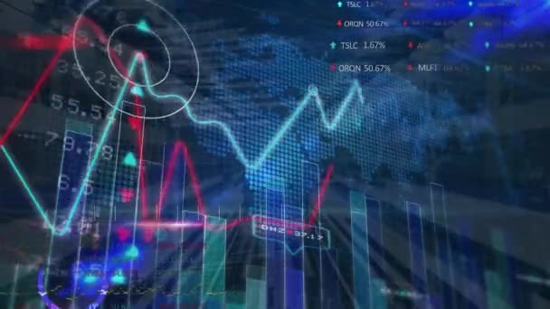 Mercado Ações Processamento Dados Estatísticos Contra Mapa Mundo Fundo Azul — Vídeo de Stock