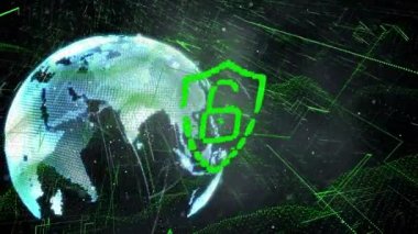 Çevrimiçi güvenlik kilidinin animasyonu, dönen dünya üzerindeki bağlantılar ağı. küresel internet güvenliği, veri işleme, bilgisayar ve dijital arayüz kavramı dijital olarak oluşturuldu.