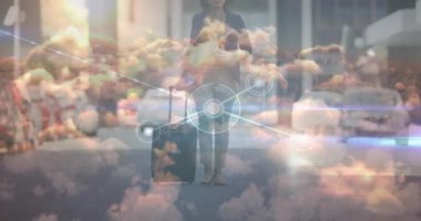 Animation of data processing over african american businesswoman walking. global sport and digital interface concept digitally generated video.