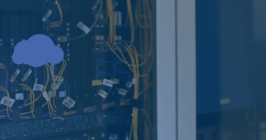 Animation of clouds icons over caucasian female worker inspecting server room. global technology and digital interface concept digitally generated video.