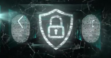 Veri işleme üzerinde asma kilit simgesi animasyonu ve siyah arkaplan üzerindeki bağlantı ağı. küresel bağlantılar, bilgisayar ve dijital arayüz konsepti dijital olarak oluşturulmuş video.