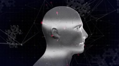 Dijital insan kafası ve bağlantı ağı üzerinden veri işleme animasyonu. küresel teknoloji, veri işleme ve dijital arayüz kavramı dijital olarak oluşturulmuş video.