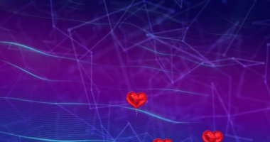 Bağlantı ağı üzerinden kalp simgelerinin canlandırılması. Sosyal medya ve dijital arayüz konsepti dijital olarak oluşturulmuş video.