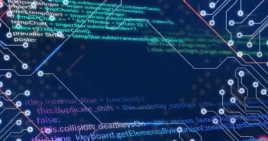 Mavi arkaplanda veri işleme animasyonu. Sosyal medya ve dijital arayüz konsepti dijital olarak oluşturulmuş video.