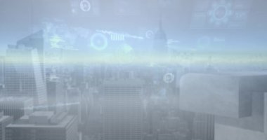 Animation of data processing over cityscape. global science, connections, data processing and digital interface concept digitally generated video.