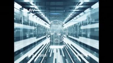 Animation of vintage video of globe and line moving over servers. global network, connections, data and technology concept digitally generated video.
