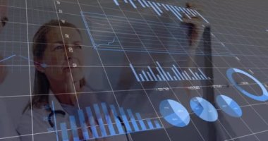 Animation of financial data processing over two caucasian doctors. Global medicine, technology, data processing and digital interface concept digitally generated video.