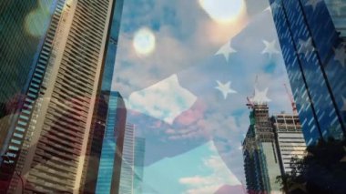 Animation of usa waving flag and candles over cityscape. National, political, economic concept digitally generated video.