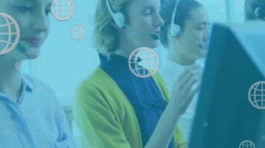 Animation of online globe icons over diverse business people wearing phone headsets. customer service, digital interface, connections, communication and business concept digitally generated video.
