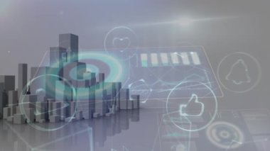 Şehirdeki simgelerle bağlantı ağının animasyonu. küresel iş, bağlantılar ve dijital arayüz konsepti dijital olarak oluşturulmuş video.