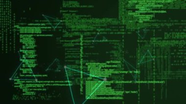 Animation of triangles and data processing on black background. data processing and technology concept digitally generated video.