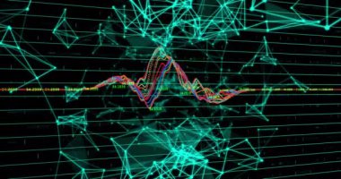 Siyah arkaplandaki bağlantı ağları üzerinden veri işleme animasyonu. küresel finansman, bilgisayar ve dijital arayüz kavramı dijital olarak oluşturulmuş video.