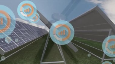 Güneş panelleri üzerinde yüzen grafikleri olan simgelerin canlandırılması. Çevre, sürdürülebilirlik, ekoloji, yenilenebilir enerji konsepti dijital olarak oluşturulmuş video.