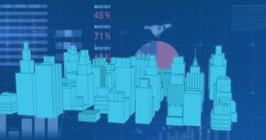 Animation of digital city over data processing on blue background. global technology, computing and digital interface concept digitally generated video.
