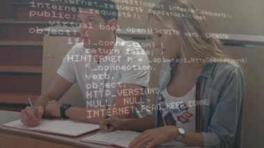 Kafkas öğrencilerin dijital veri işleme animasyonları. Okul, eğitim ve öğrenim konsepti dijital olarak oluşturulmuş video.