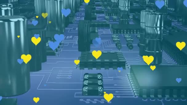 Animation Blue Yellow Hearts Computer Circuit Board Global Social Media — Stok video