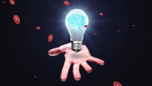 Animation Rugby Balls Wales Caucasian Hand Holding Light Bulb Brain — Video