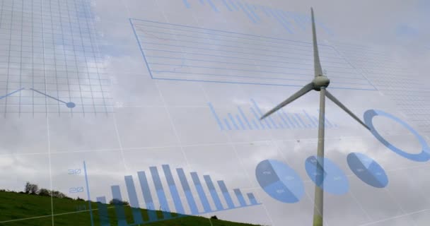 Animación Del Procesamiento Datos Financieros Sobre Turbina Eólica Medio Ambiente — Vídeos de Stock