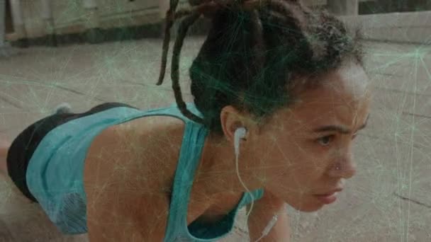 Animation Network Connections Fit Biracial Woman Doing Plank Sport Active — Vídeo de Stock