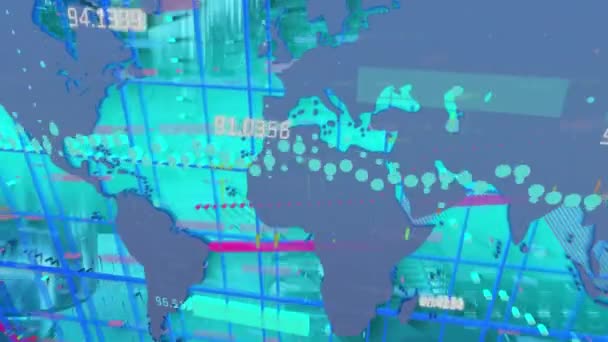 Animace Zpracování Dat Mapa Světa Modrém Pozadí Globální Sociální Média — Stock video