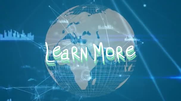 Animação Aprender Mais Texto Sobre Globo Negócio Global Finanças Conexões — Vídeo de Stock