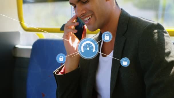 Network Digital Icons Biracial Man Talking Smartphone Sitting Bus Global — стоковое видео