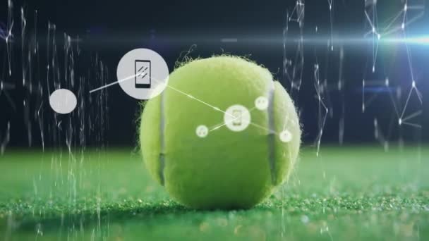 Анімація Мережі Язку Іконками Над Тенісним Ячем Концепція Глобального Спорту — стокове відео
