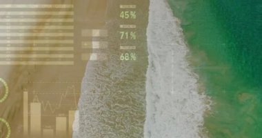 Sahilde ve denizde finansal grafiklerin ve verilerin animasyonu. küresel ekonomi, finans, sürdürülebilirlik ve doğa konsepti dijital olarak oluşturulmuş video.