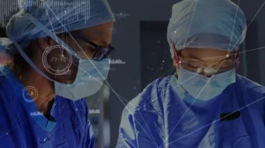 Network of connections against male and female surgeons performing operation in operation theatre. healthcare and medical technology concept