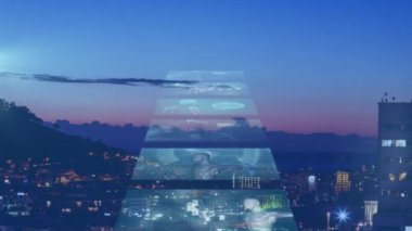 Multiple screens with medical data processing against aerial view of cityscape at night. medical research and science technology concept