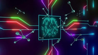 Siyah arkaplanda veri işleme animasyonu. küresel iş ve dijital arayüz kavramı dijital olarak oluşturulmuş video.