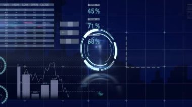 Round scanner and statistical data processing against blue background. computer interface and business technology concept