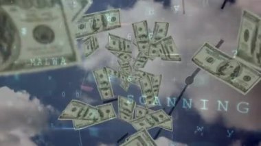 Bulutların ve banknotların üzerinde veri işleme animasyonu. küresel iş, kumar ve dijital arayüz kavramı dijital olarak oluşturulmuş video.