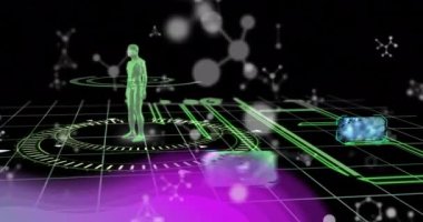 Moleküler yapılar, siyah arka planda insan vücudunun üzerinde yüzüyor. tıbbi araştırma ve bilim teknolojisi kavramı