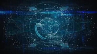 Veri işleme animasyonunun siyah arka planda dünya üzerinde gerçekleşmesi. küresel veri işleme, teknoloji ve dijital arayüz kavramı dijital olarak oluşturulmuş video.