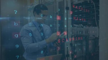 Animation of cyber attack text and data processing over caucasian male it technician by server. global online security, digital interface and data processing concept digitally generated video.