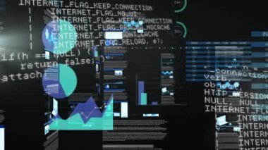 Siyah zemin üzerinde grafik ve veri işleme animasyonları. küresel veri işleme, teknoloji ve dijital arayüz kavramı dijital olarak oluşturulmuş video.