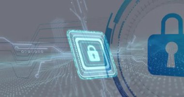 Siyah arkaplanda veri işleme üzerine asma kilit simgesinin canlandırılması. Sosyal medya ve dijital arayüz konsepti dijital olarak oluşturulmuş video.