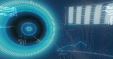 Kafkas kadın üzerinde veri işleme animasyonu bilgisayar sunucusu kablolarını tamir ediyor. küresel bağlantılar, veri işleme ve hesaplama konsepti dijital olarak oluşturulmuş video.