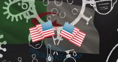 Animation of happy easter over virus icons and flags of usa and algeria. patriotism, celebration and covid 19 pandemic concept digitally generated video.