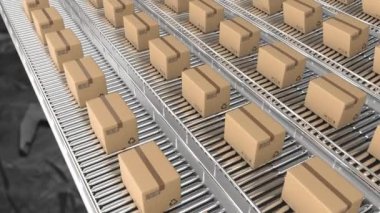 Animation of cardboard boxes on conveyor belts over warehouse. global shipping, logistics and connections concept digitally generated video.